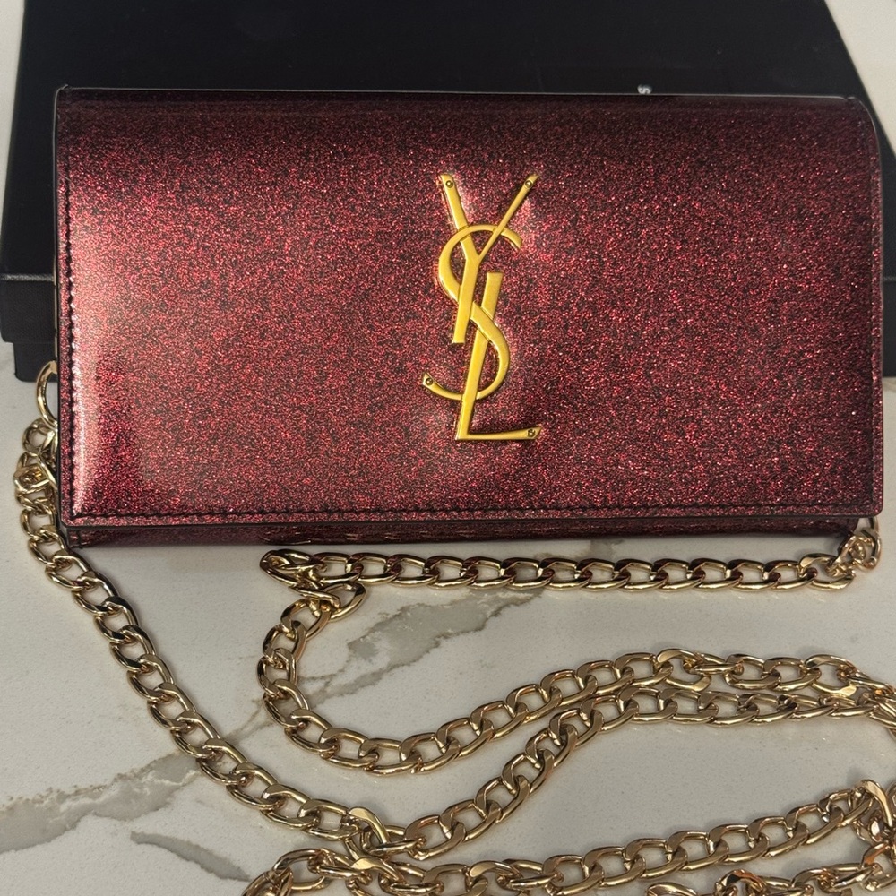 Yves Saint Laurent Red Glitter Clutch with Gold Chain